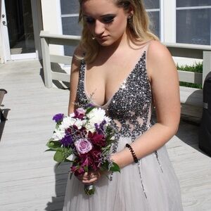 Gray bedazzled prom dress
